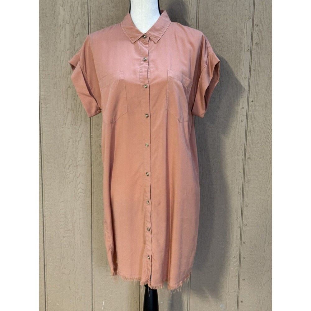 Thread & Supply June Shirt Dress 100% Tencel Lyocell Pink Short Sleeve Raw Hem M
